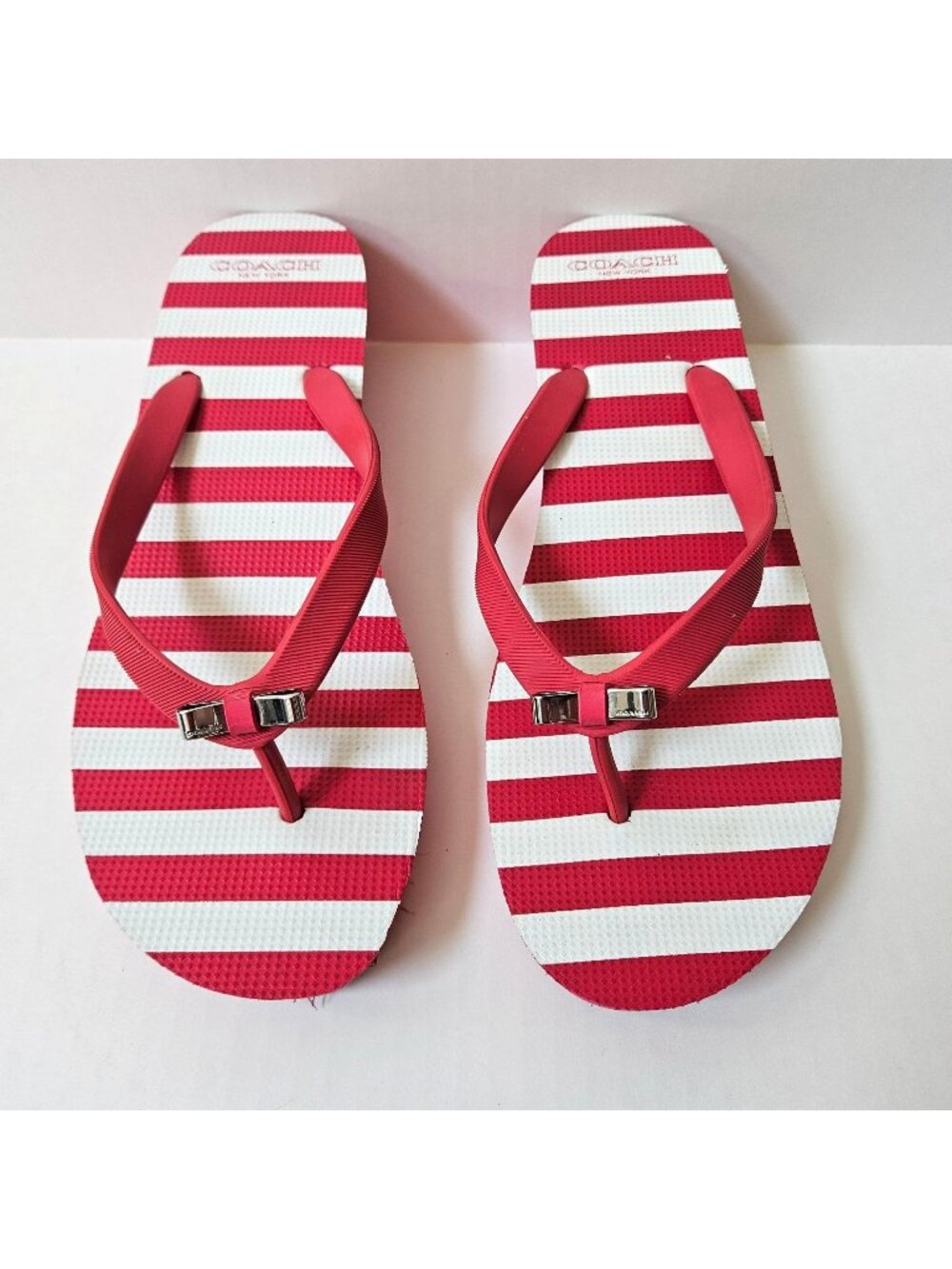 Coach Womens 10 Loralyn Sandals Wedge Flip Flops Pink White Stripe Bow